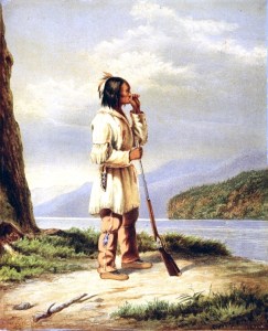 Un chasseur huron-wendat appelant l'orignal, par Cornelius Krieghoff, vers 1868